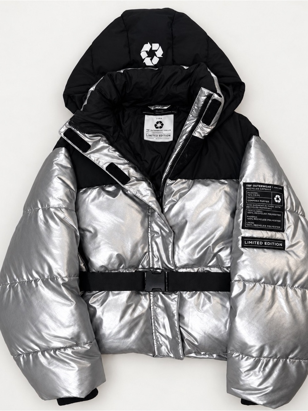 Zara TRF Limited Edition Metallic Silver Cropped Puffer Jacket S/M